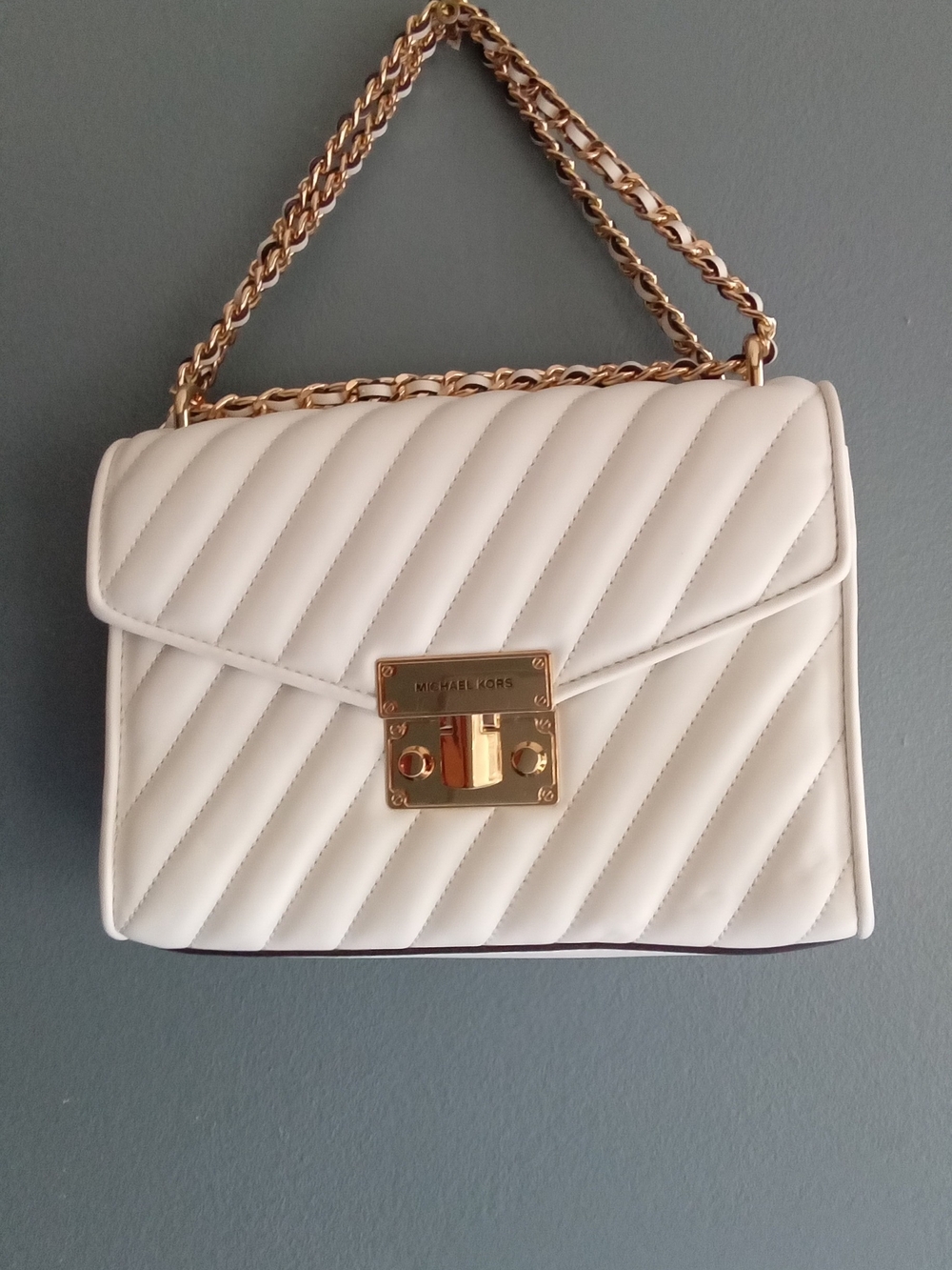 Michael Kors Rose Medium Flap Shoulder Bag Cream Quilted Leather Gold Hardware